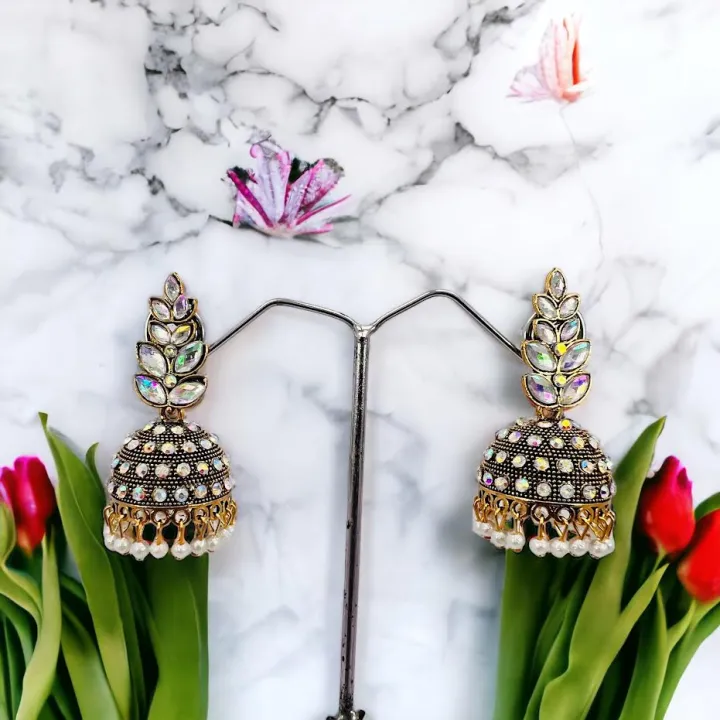 ESH%20Light%20gold%20Indian%20Vintage%20Bollywood%20dangle%20drop%20jhumka%20jimikki%20earring%20Trendy%20Leaf%20Design%20Pearl%20Drop%20&%20Multi%20Stone-Studded%20earring%20for%20women%20and%20girl%20-%20Image%202