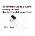 20pcs of 5mm 940nm IR Diodes IR LED Emitter & IR Receiver. 