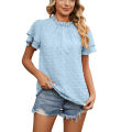 Yfashion Women Short Sleeves T-shirt Elegant Double-layer Jacquard Crew Neck Blouse Simple Solid Color Chiffon Tops. 
