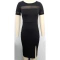 MIOSIS Women's Black Smart Casual Short Sleeve Knee Length Side Splite Dress. 