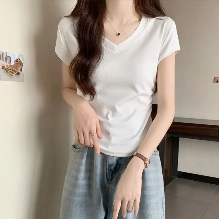 Short%20SleeveTWomen's%20T-shirtVCollar%20Shoulder2023Summer%20Pure%20Cotton%20Slim-Fit%20Design%20Sense%20Niche%20Skinny%20Short%20Hot%20Girl%20Top%20-%20Image%202