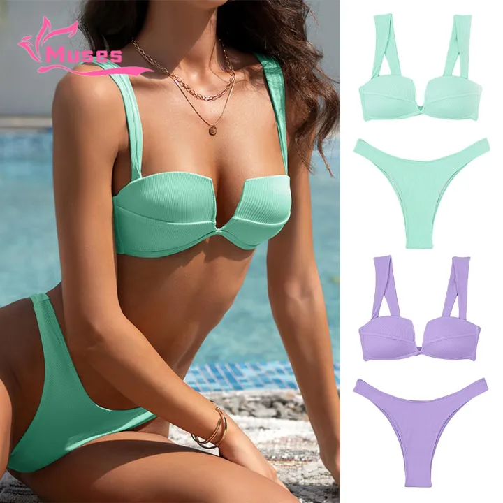 Muses Mall Quick Dry Swimwear Stylish 2-piece High Waist Bikini Set for Women Quick Dry Beachwear Swimsuit for Summer Vacation Backless Elastic Design Women Bikini