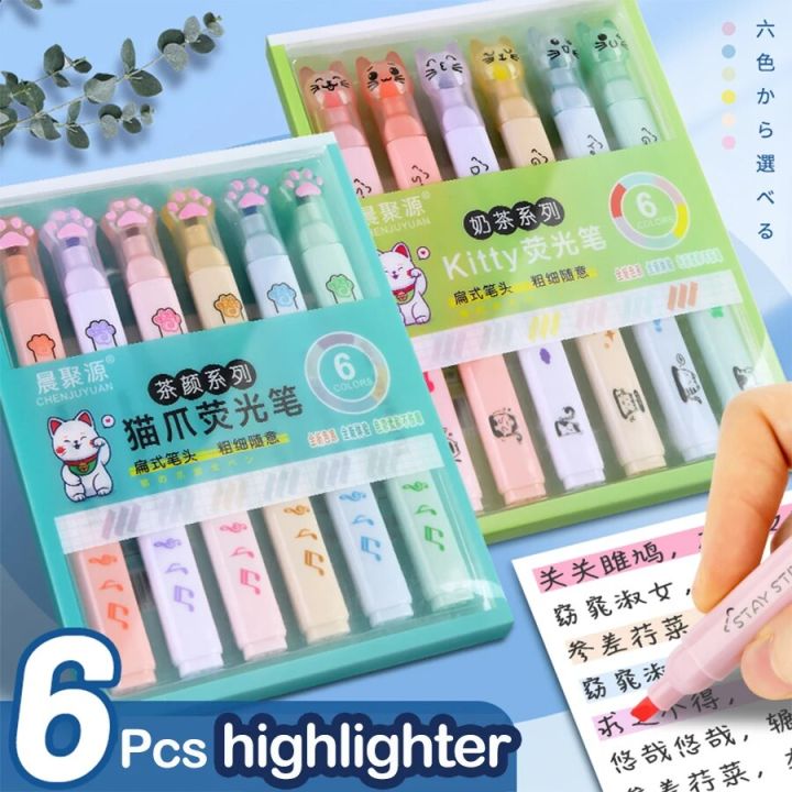 【HOT】 6 Pcs/Set Highlighter Pen Color Markers Double Ends Pastel Fluorescent Set Kawaii Pens Cute Stationary School Office Supplies