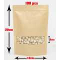 100Pcs Resealable Kraft Paper Ziplock Bags Stand With Transparent Window. 