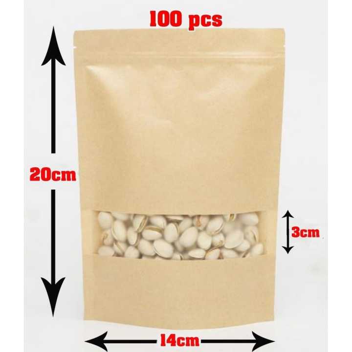 100Pcs Resealable Kraft Paper Ziplock Bags Stand With Transparent Window
