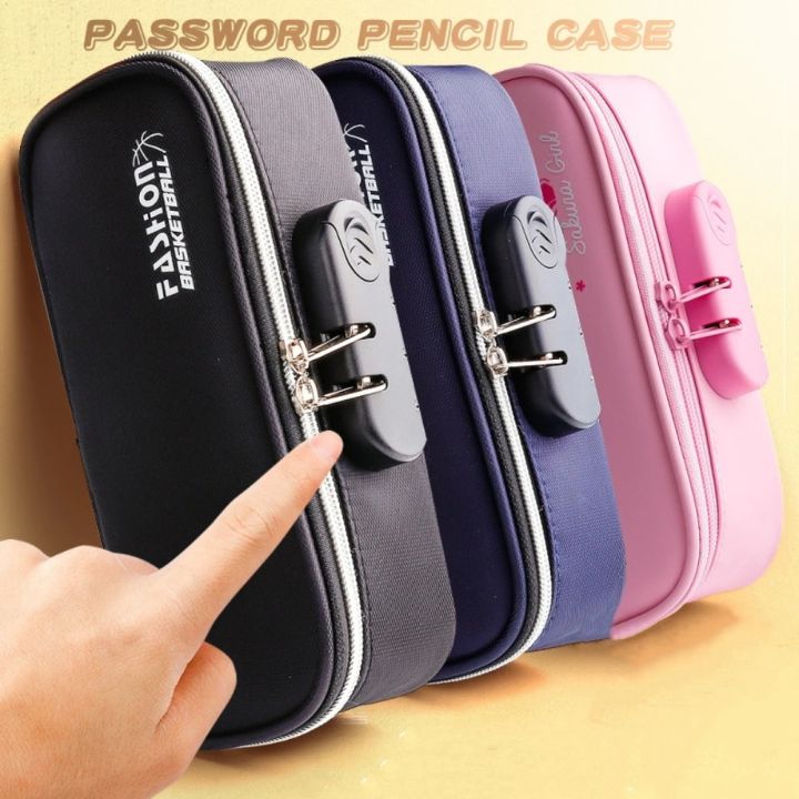 【HOT】 Portable Password Lock Pencil Case Boy Canvas Pencil Bag Large Capacity Pencil Cases Student Stationery Bag Kids Pen Case Gifts