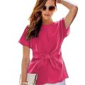 Bow Tee T Shirt Blouse Single Jersey Cotton Fabric 190 Gsm O Neck, Short Sleeve Front Bow Design Casual Loose Fit Office Wear /Tshirt/ Blouse In Pink Colour For Women/ Ladies / Girls. 