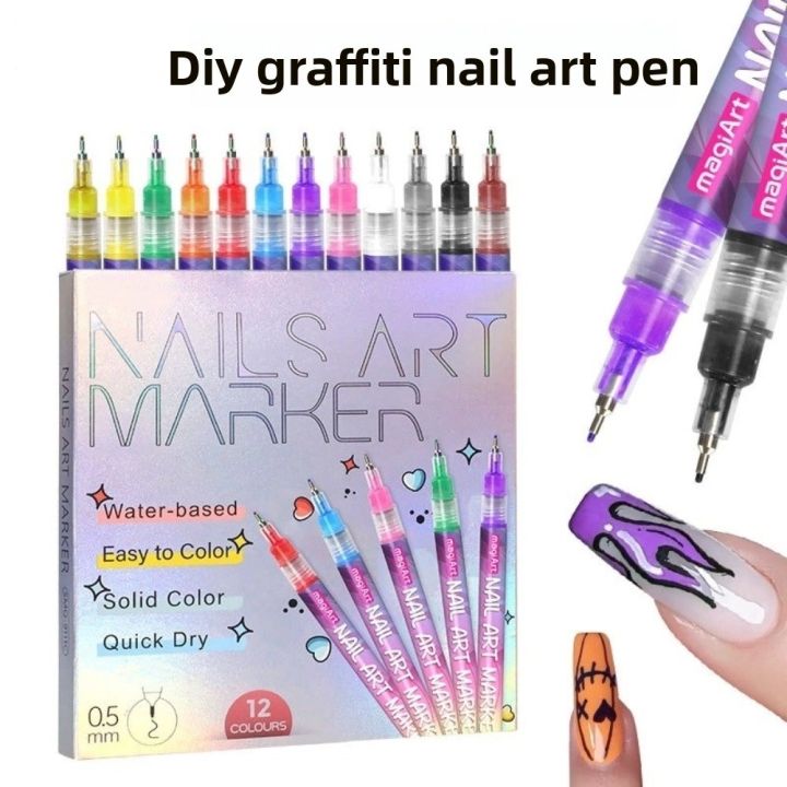 Hot 12/24 Colors Nails Art Marker Pens Waterproof Quick Dry Acrylic Paint Pen Art Nail Decoration Nail Art Pens Set for Nail Decoration