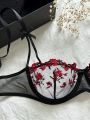 Floral Embroidery Lingerie Set, Mesh Unlined Bra & Mesh Panty, Women's Lingerie & Underwear. 