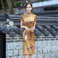 bellylady Fashion Women Cotton Summer Cheongsam Chinese Style Printing Long Skirt Short Sleeves Stand Collar Slit Satin Dress. 