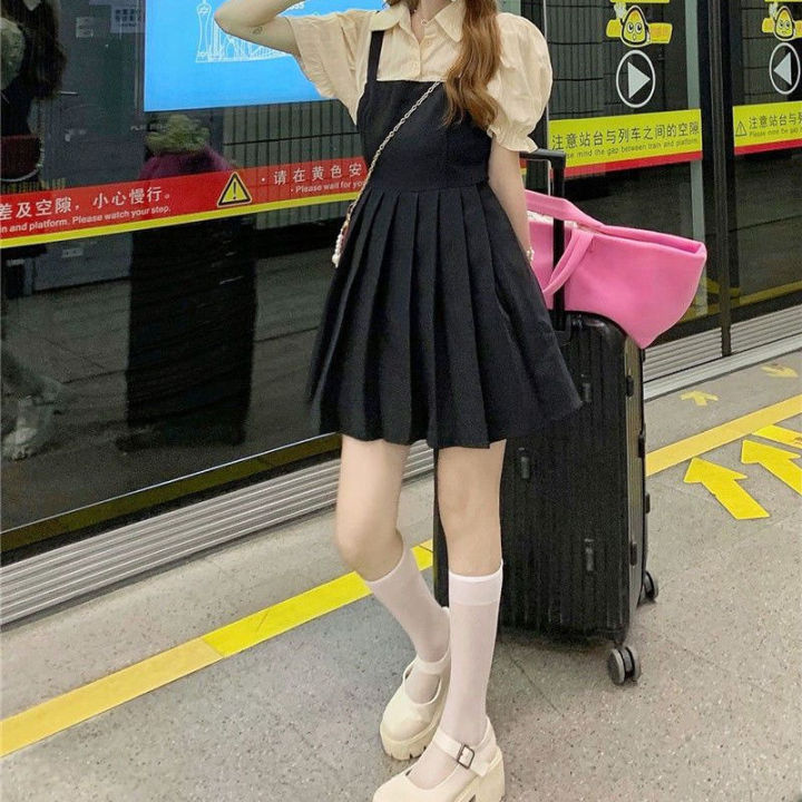 Korean College Style Fake Two-Piece First Love Date Black Dress Back polo Collar Dress Small Sweet and Spicy Summer New
