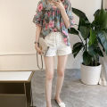 Women Printed Off Shoulder V-Neck ffon Loose Blouse Vintage Sweet Pagoda Sleeve ops. 