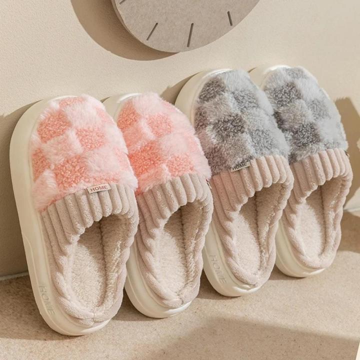 Plaid Cotton slippers Soft Plush Plaid slippers Winter slippers for Home Indoor Couples Winter Men Women