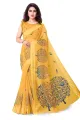 Women's Cotton Blend Satin Woven Border Designer Madhubani Printed Saree with Blouse Piece (Mustard). 