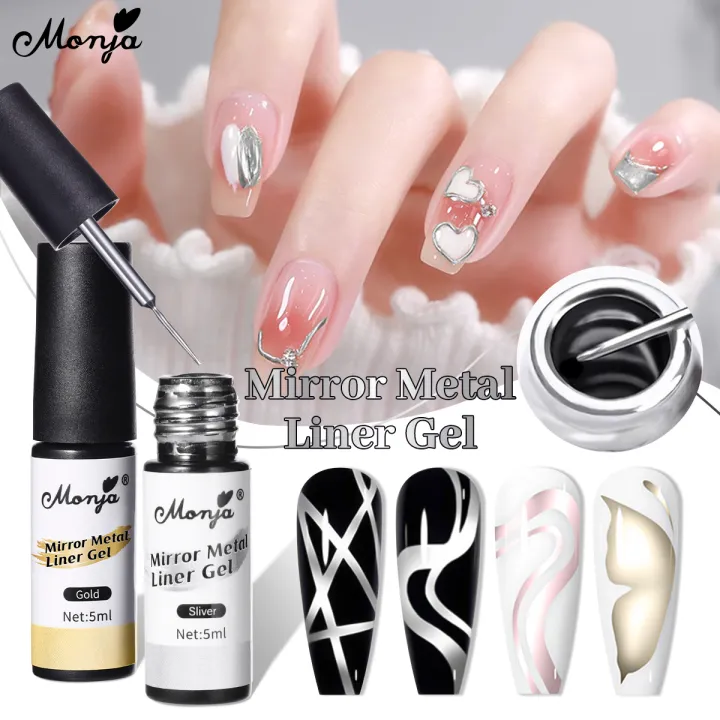 Monja 5/8ml Nail Art Liner Metallic Silver Mirror Glitter Painting Line Gel Polish Chrome Super Bright Effect Painting Drawing Line French Acrylic Soak Off UV LED Varnish DIY Nail Art Tool