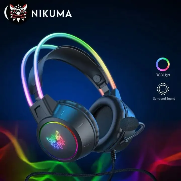 ONIKUMA X15 Pro Over-Ear Headphones Gaming Headset Wired Cancelling Earphones Pink Cat Ears Rgb Light With Mic For PC PS4Headphone Stand Aluminum FREE