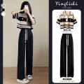 Fashion Suit Women's Summer New Korean Style Loose Salt Wear StripedPoloCollar Top Wide Leg Pants Two-Piece Set. 