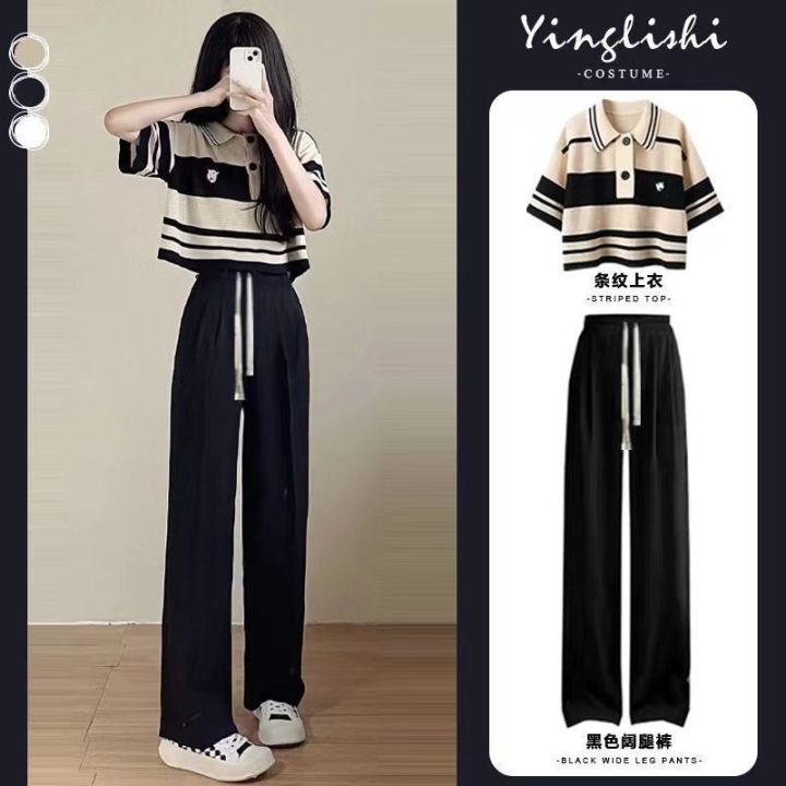 Fashion%20Suit%20Women's%20Summer%20New%20Korean%20Style%20Loose%20Salt%20Wear%20StripedPoloCollar%20Top%20Wide%20Leg%20Pants%20Two-Piece%20Set%20-%20Image%207