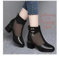 2024 New Spring and Summer Real Soft Leather Mesh Sandal Boots Mid Heel Breathable and Wearable Soft Bottom Non-Slip Chunky Heel All-Matching Sandals for Women. 