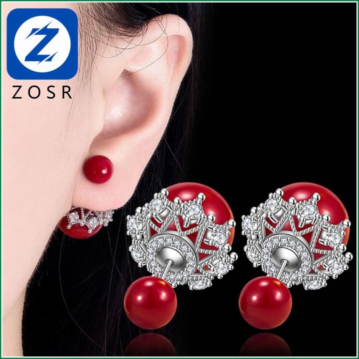 【ZOSR】S925 Stamp  Woman Fashion Jewelry High Quality Simple Cubic Zirconia Red Round Crown Earrings