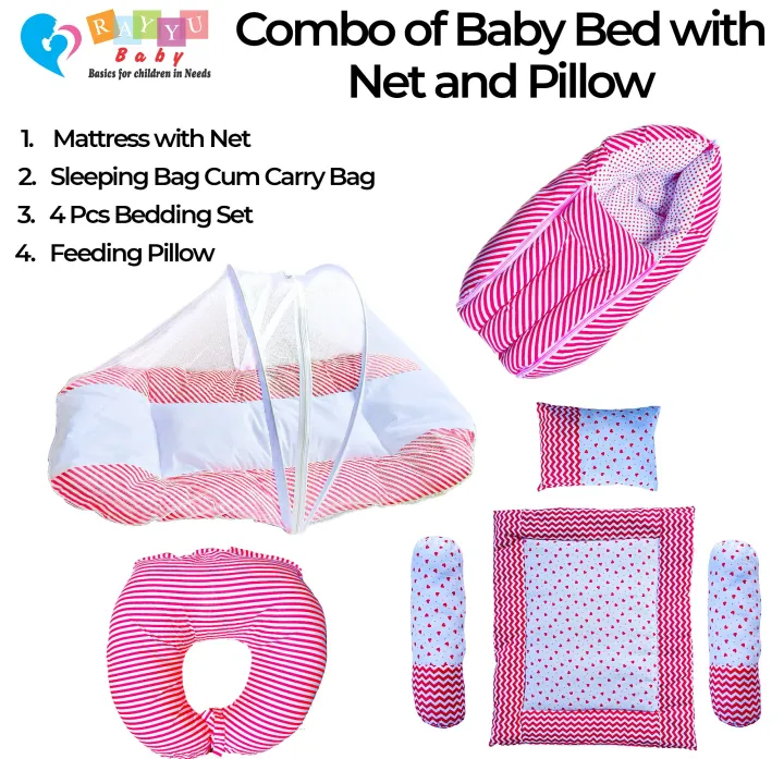 Combo of Baby Mattress with Net and Pillow/ Foldable Baby Mosquito Net/ Baby Sleeping Bag/ 4 Pcs Bedding Set