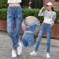 Waist Ripped ′ White Loose Pants ﹉ Kuanxue Korean Fashion Denim Ninth Points … Pants ︹ Women's Drawstring Pants Spring and Autumn Tight {. 