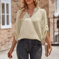 Yfashion Women V-neck Shirt Casual Long Sleeves Loose Tops Simple Solid Color Pullover Tops For Date Party Beach. 