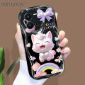 Hontinga for Vivo Y35 Back Cover Pink Cat Phone Case Cream Texture Wavy Edge Soft Mobile Cover. 