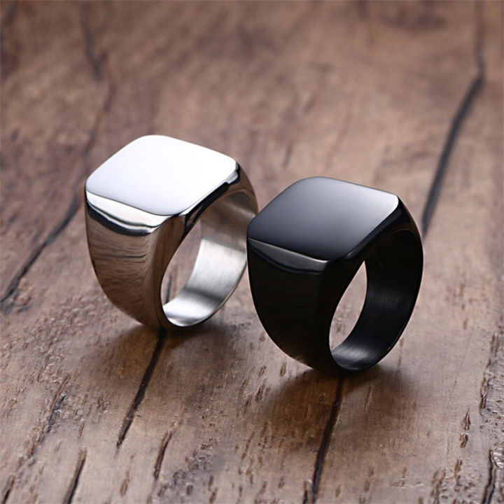 Titanium Hip Hop Stainless Steel Square Wide Ring for Men, Silver and Black, Sizes 8-11
