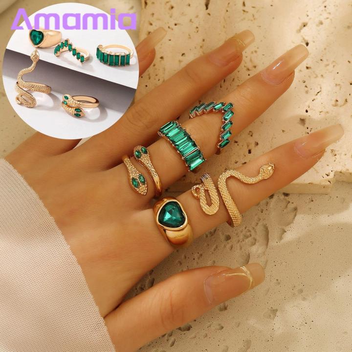 5pcs/set Women Rings Fake Emeralds Decor Snake Heart Shape