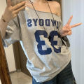 Women's Fashion Letter Print Chic Off-shoulder Short Sleeve Loose Casual T-shirt. 