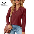 Yfashion Women Long Sleeves Tops Solid Color Design Button Shirt Blouse V-Neck Pullover Loose Jacquards T-Shirts Top. 