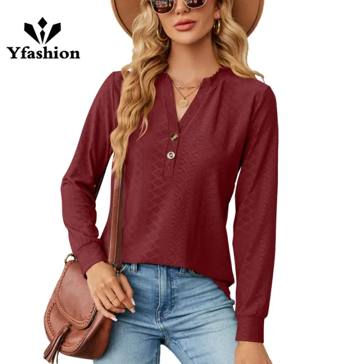 Yfashion%20Women%20Long%20Sleeves%20Tops%20Solid%20Color%20Design%20Button%20Shirt%20Blouse%20V-Neck%20Pullover%20Loose%20Jacquards%20T-Shirts%20Top%20-%20Image%209