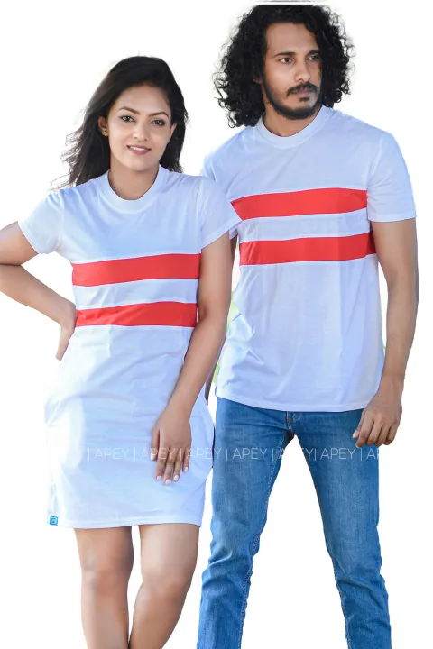 White%20Color%20Red%20Two%20Lined%20Short%20Sleeve%20Couple%20T%20Shirt%20Dress%20%7C%20AS515%20-%20Image%202