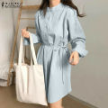 【ThinkWay】Korean Style Womens Fashion Stand Collar Long Sleeve Dress Elegant Plain Mini Shirt Dresses #10. 