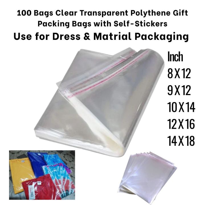 100pcs Clear Transparent Polythene Gift Packing Bag with Self Sticker ...