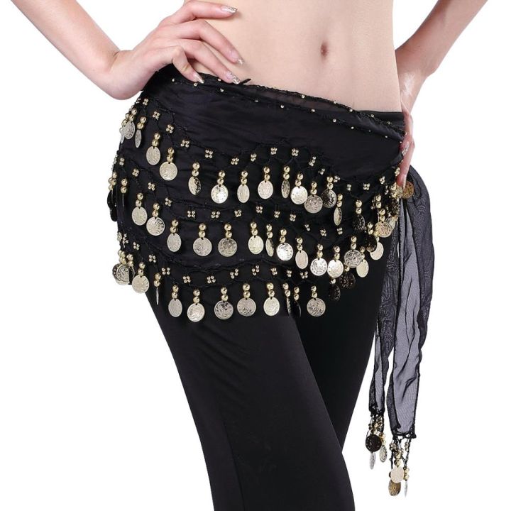 thumbnail image 2 of Yoga Dance Accessory Belly Dance Hip Scarf With Gold Coins - Chiffon Wrap For Dance & Yoga Jupe Or 2 of 12