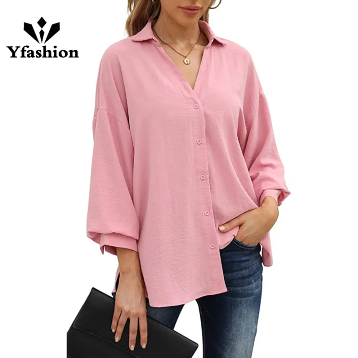 Women%20Casual%20Button%20Down%20Blouses%203/4%20Sleeve%20Lapel%20Irregular%20T-shirt%20v%20Neck%20Loose%20Solid%20Color%20Cardigan%20Tops%20-%20Image%209