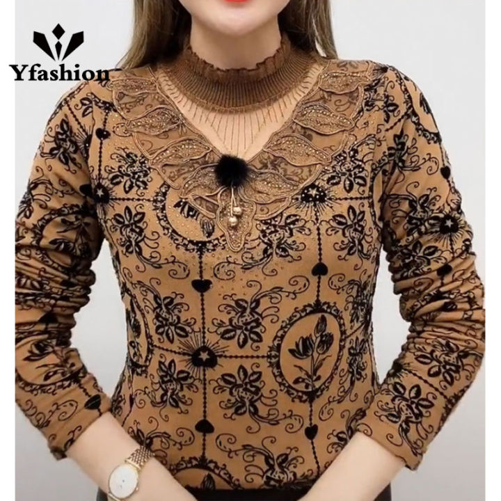 Yfashion Women Cotton Fashion Flower Printing Shirt Long Sleeves Thin Fleece Bottoming Shirt Warm Turtleneck Pullover Tops