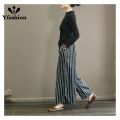 Yfashion Women Cotton Trendy Striped Wide Leg Pants Cotton Linen Loose Large Size Casual Trousers Straight Breathable Pants. 