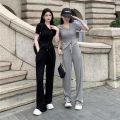 100% Casual Fashion Set Women's Summer Design Slimming Irregular Short Sleeve Cardigan Top Wide Leg Pants Two-Piece Set. 