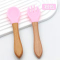 Children's Silicone Spoon with Wooden Handle Food Grade Soft Rubber Baby Feeding Tableware Can Bite Spork. 