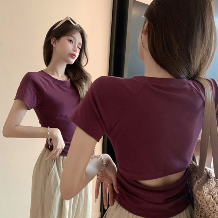 Fashionable Hot Girl Short T-shirt 2025 Summer New Style Back Hollow Design Slim Pleated Waist Short-sleeved Top