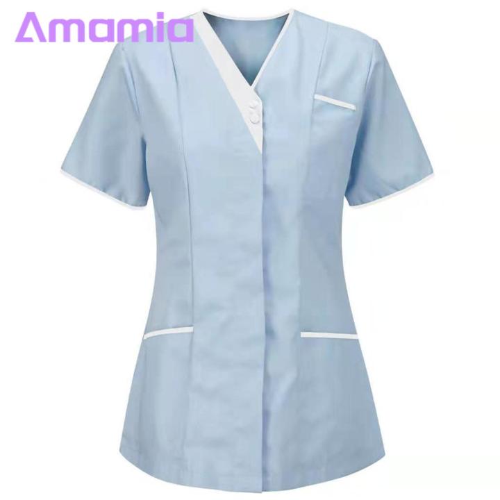 V-neck Design Nurse Tops Women's V-neck Nurse Scrub Tops with Pockets Stylish Patchwork Color Nursing Uniforms for Work Short Sleeve Overalls Workwear Nurse Uniform
