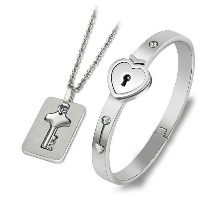 Love Heart Lock Key Pendant Necklace Necklace & Bangles Set