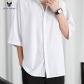 ACHS AWAKE Black Shirt Men's Short-Sleeved Summer Senior Pu Handsome Men's Casual Men's Clothing White Shirt Trendy Boys. 