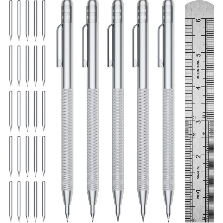 Tungsten Carbide Scriber 5-Pack Includes 25 Replacement Marking Tips& Steel Ruler- Metal Scribe Tool for Glass/Ceramics
