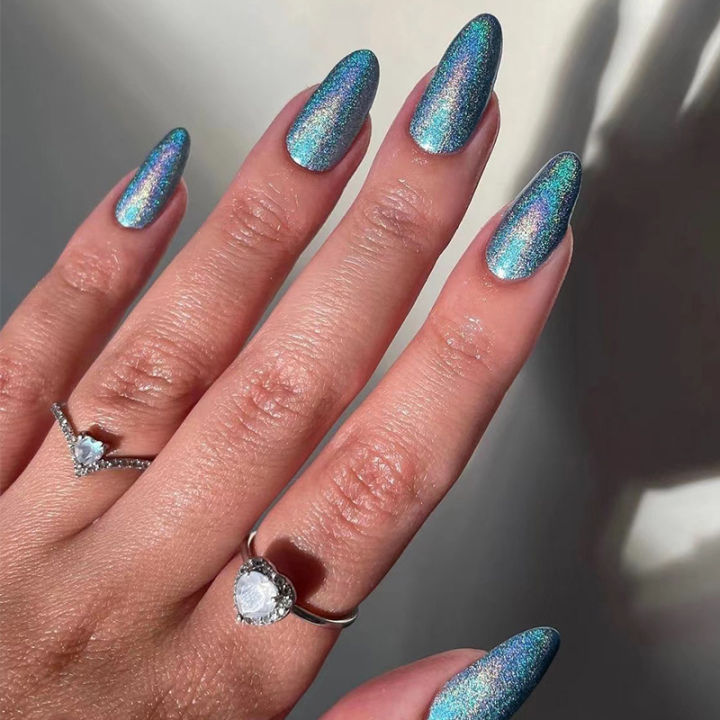 24pcs%20Glitter%20Nails%20Purple%20Shiny%20Cat%20Eye%20Press%20On%20Nails%20Almond%20Head%20Manicure%20Nail%20Tips%20Pink/Blue%20False%20Nail%20Patch%20For%20Girl%20-%20Image%203
