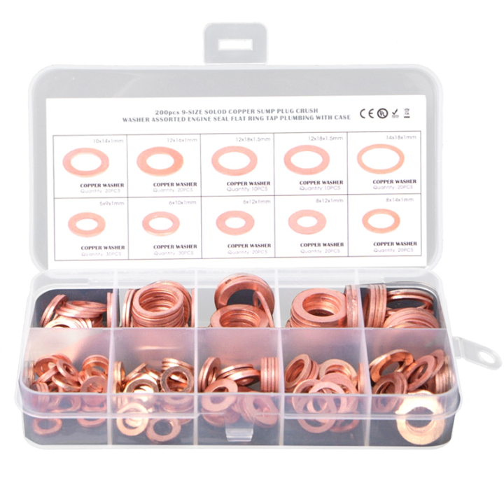 200Pcs O Ring Copper Metric Washers Assortment Kit Copper Washers Flat Sealing Washer 9 Sizes M5 M6 M8 M10 M12 M14
