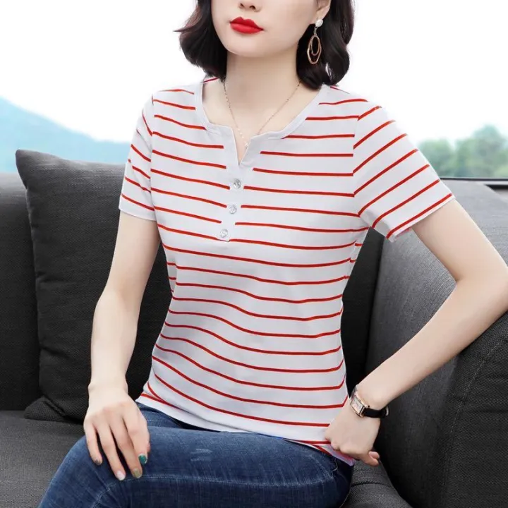 2023Summer%20New%20Top%20Striped%20Short%20SleeveTT-shirt%20Women's%20Summer%20Large%20Size%20Slimming%20Korean%20Style%20Loose%20All-Matching%20Flab%20Hiding%20Women's%20Clothing%20-%20Image%202